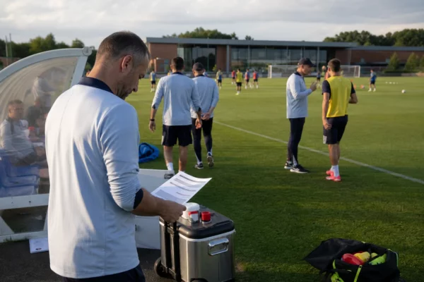 Des membres du staff des Bleus observant un entraînement à Clairefontaine, sur une pelouse en lumière naturelle.