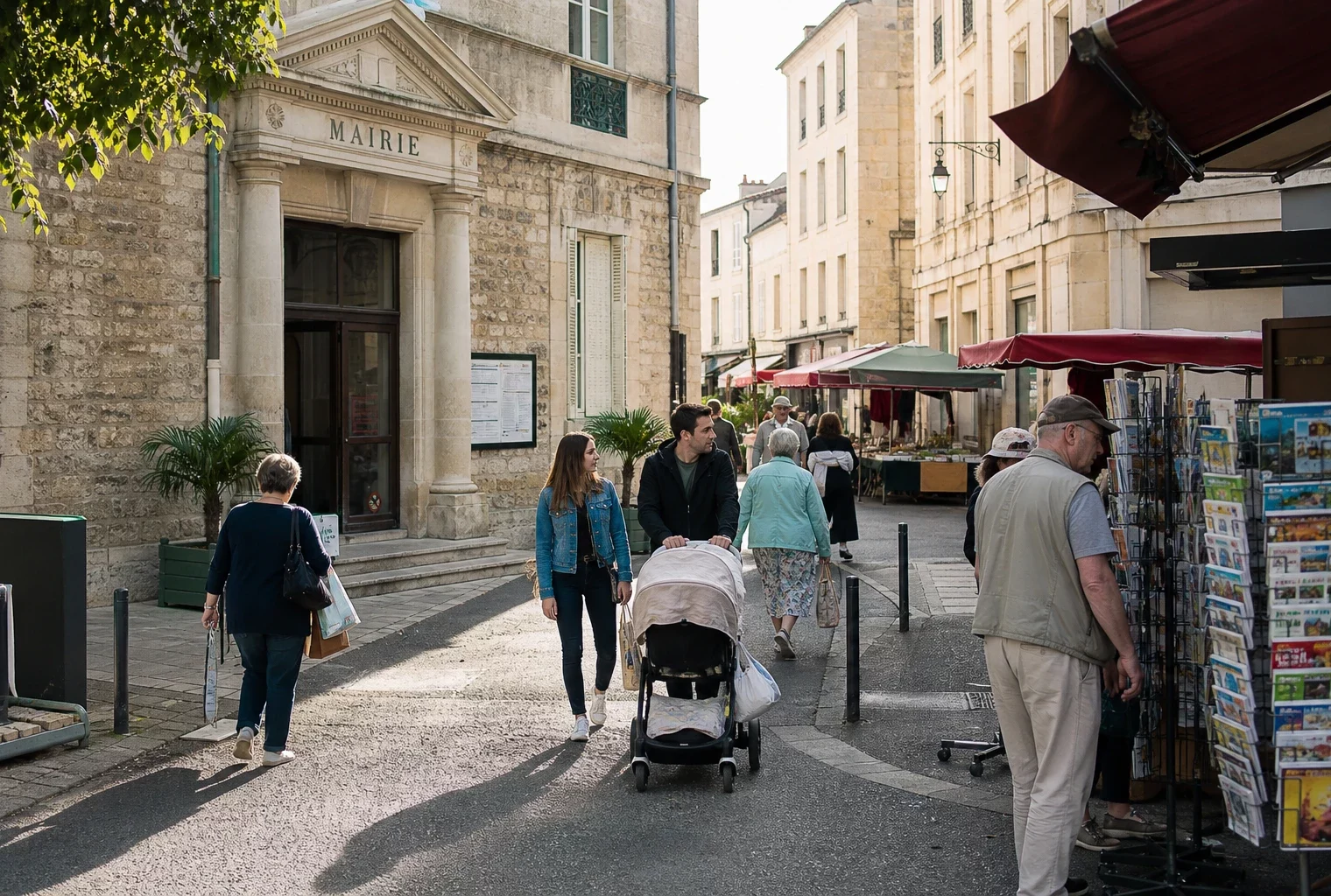 Rue d’une ville moyenne française près de la mairie, avec passants anonymes et marché de quartier sous une lumière claire.