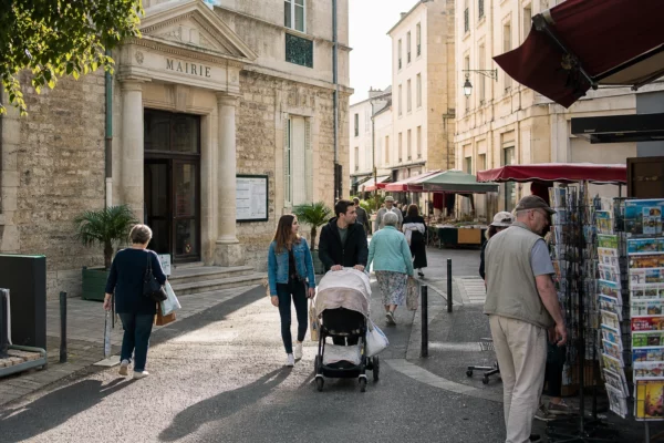 Rue d’une ville moyenne française près de la mairie, avec passants anonymes et marché de quartier sous une lumière claire.