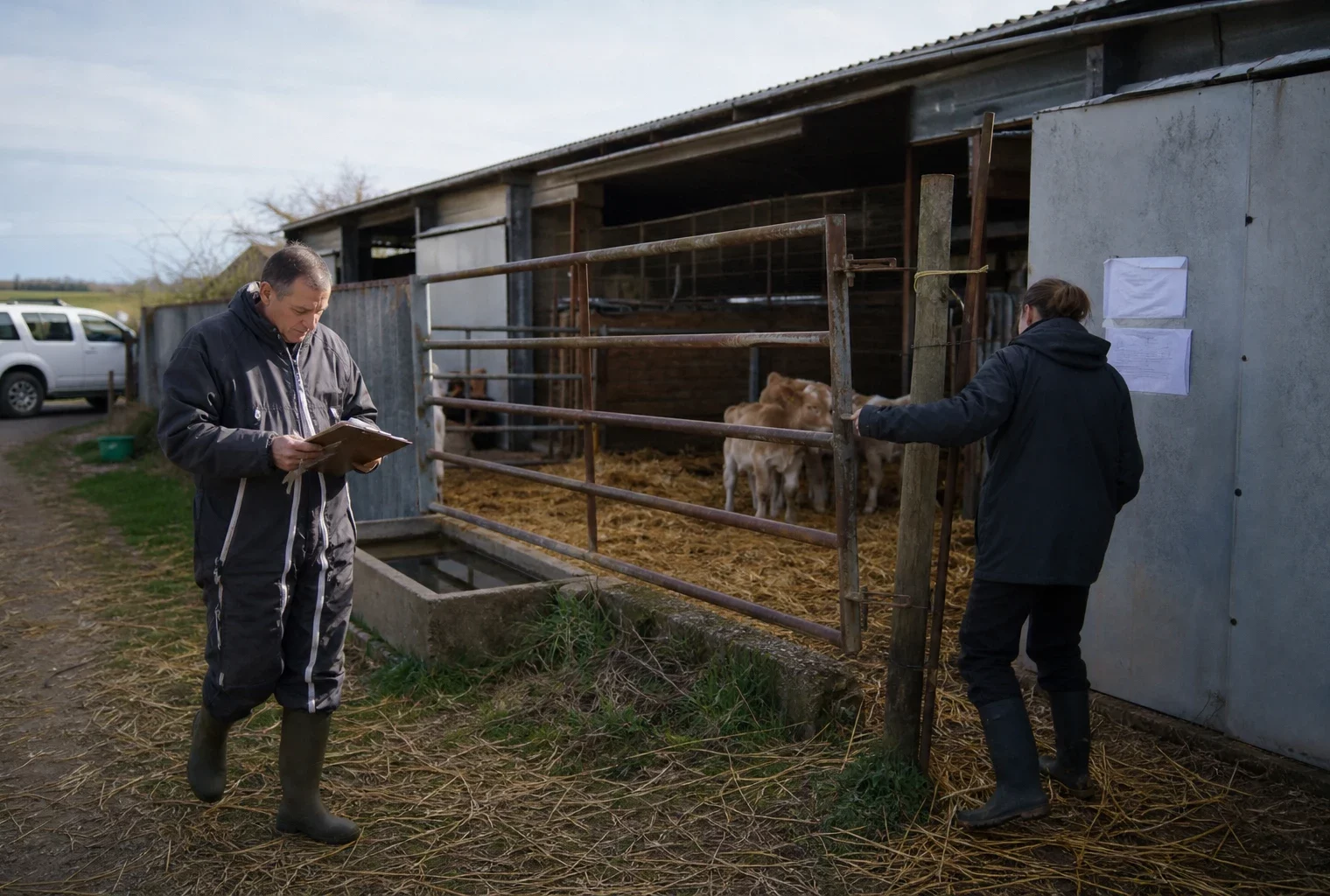 Reportage agricole en France avec deux travailleurs inspectant un enclos et un bâtiment de ferme, en lumière naturelle.