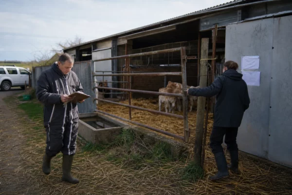 Reportage agricole en France avec deux travailleurs inspectant un enclos et un bâtiment de ferme, en lumière naturelle.