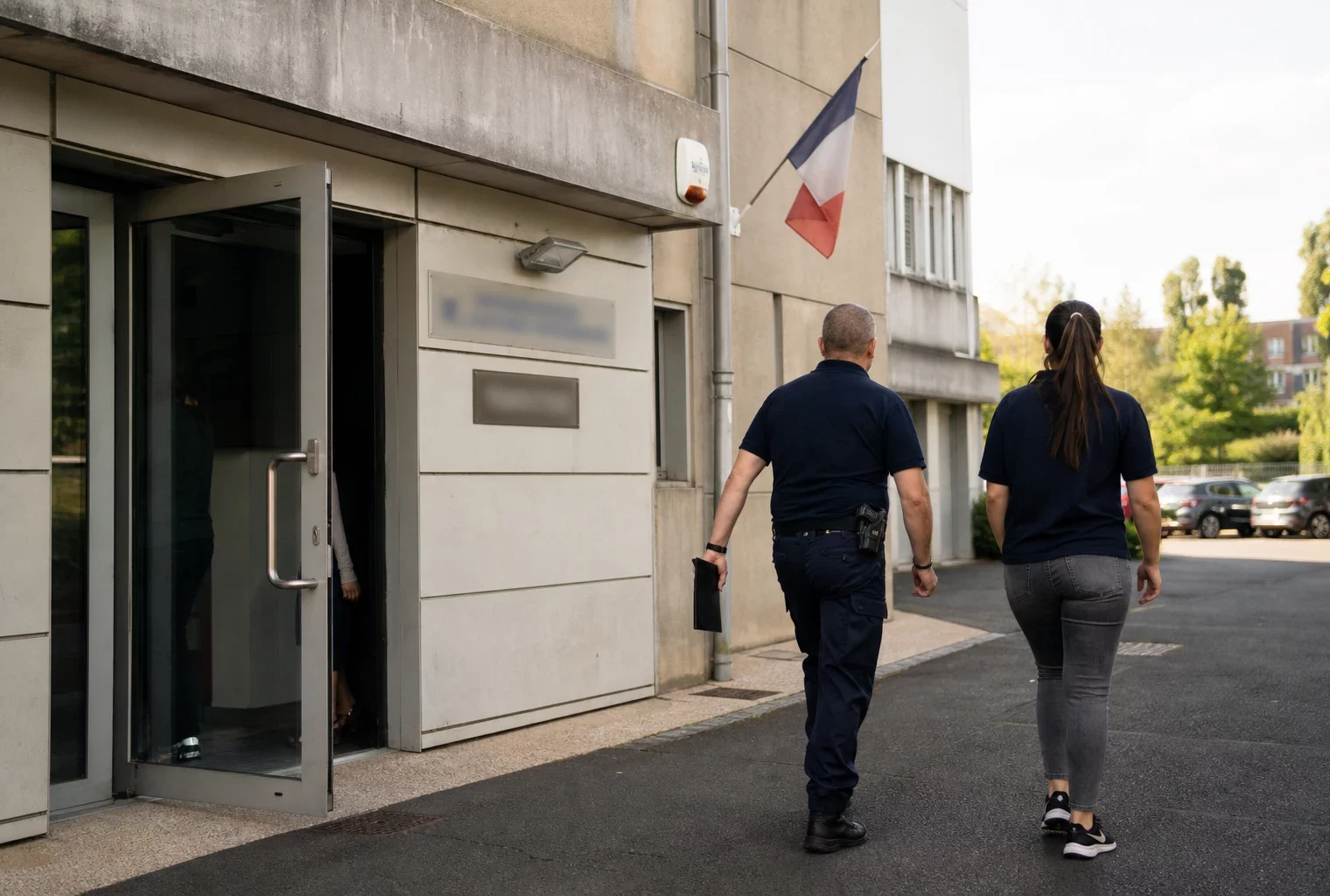 Devant un bâtiment public français, deux silhouettes anonymes marchent dans une cour calme, sous une lumière naturelle claire.