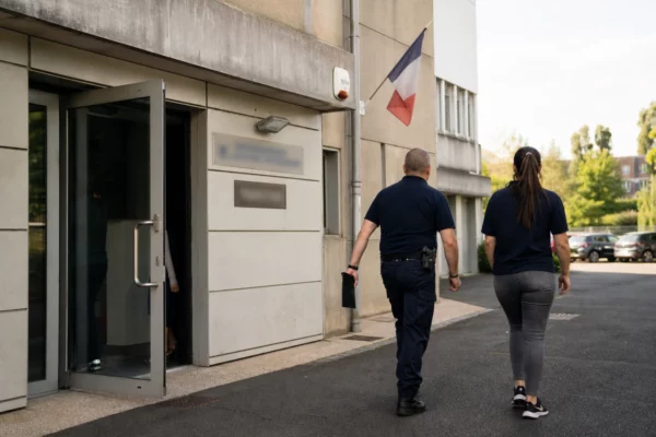 Devant un bâtiment public français, deux silhouettes anonymes marchent dans une cour calme, sous une lumière naturelle claire.