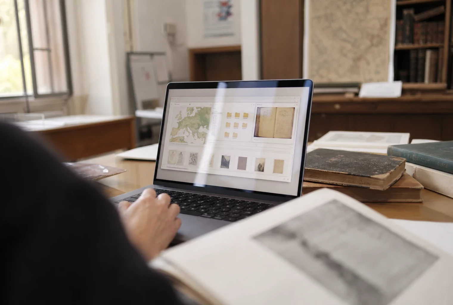 Chercheur devant un ordinateur consultant une interface d’archives abstraite, avec des livres anciens sur le bureau.