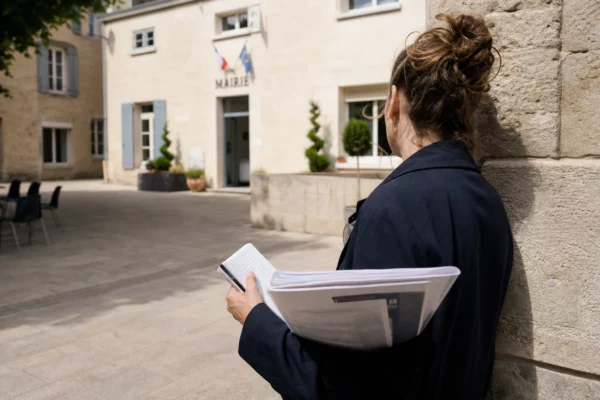 Un collaborateur de campagne anonyme consulte un carnet devant une mairie française, dans une lumière naturelle claire.
