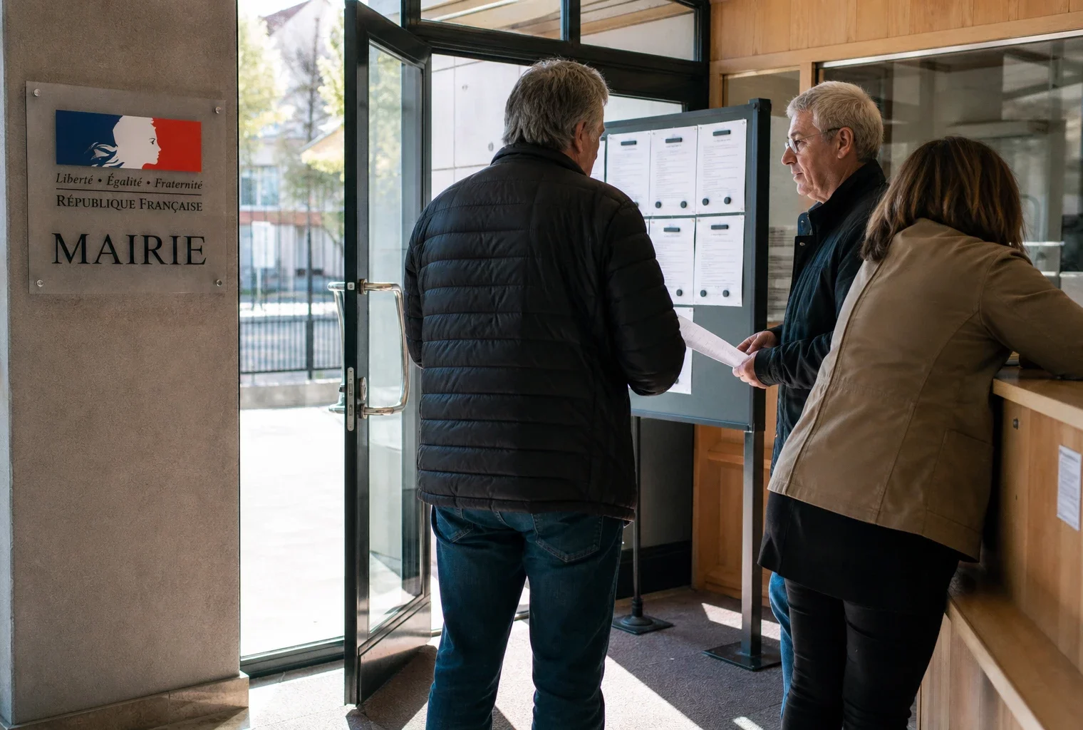 Des citoyens anonymes échangent dans le hall lumineux d’une mairie française, scène de vie civique et politique locale.