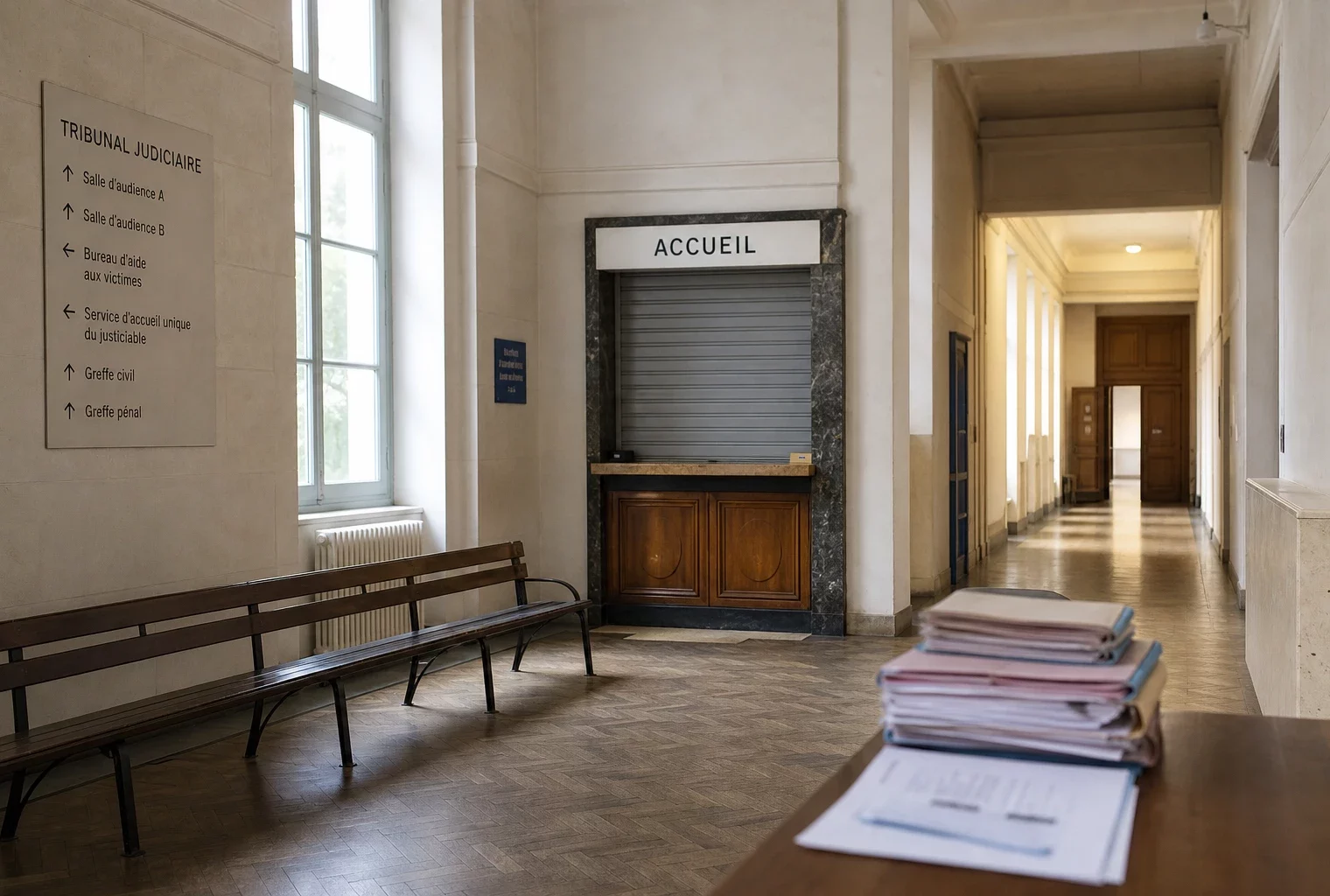 Couloir lumineux d’un tribunal français avec dossiers anonymes, évoquant l’engorgement de la justice pour les mineurs.