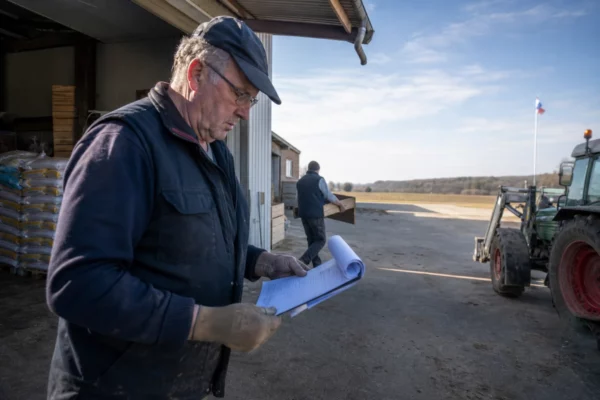 Des travailleurs agricoles dans une coopérative rurale française, par une matinée claire, avec un tracteur et des sacs de graines.