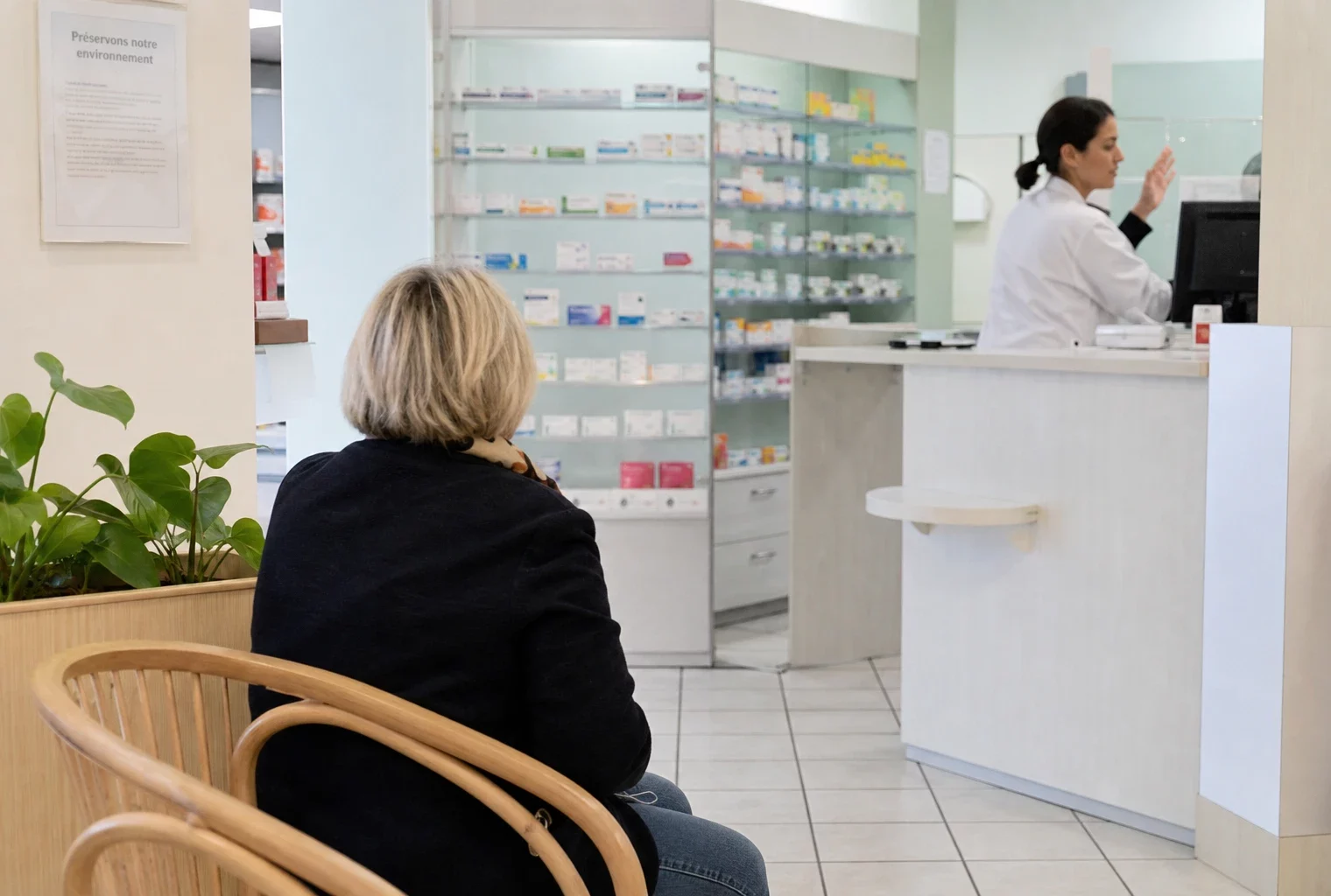 Salle d’attente lumineuse d’une pharmacie française, avec patient de dos et soignant en blouse blanche au comptoir.