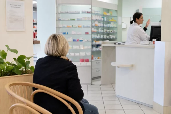 Salle d’attente lumineuse d’une pharmacie française, avec patient de dos et soignant en blouse blanche au comptoir.