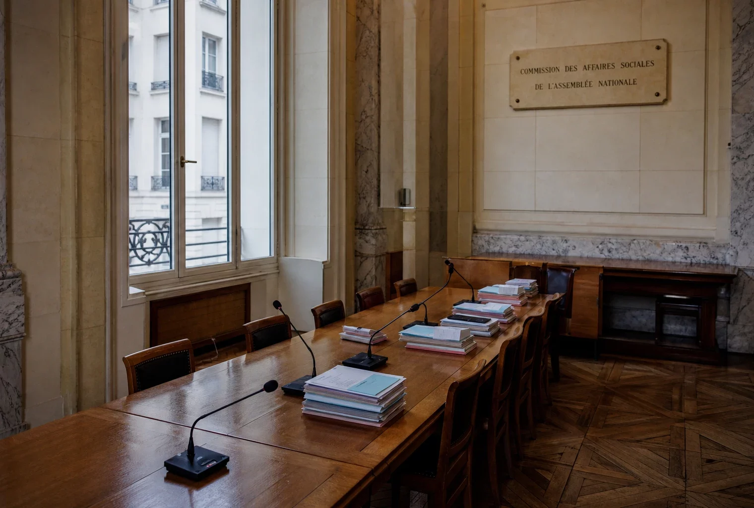 Salle institutionnelle vide avec dossiers de retraite et micros, éclairée par une grande lumière naturelle.