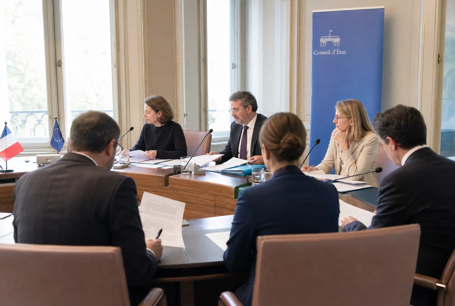 Réunion institutionnelle européenne avec dossiers, micros et silhouettes de dos dans une salle lumineuse.