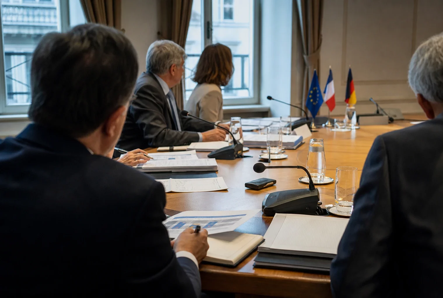 Réunion européenne sobre avec dossiers, micros et silhouettes de dos dans une salle lumineuse de négociation.