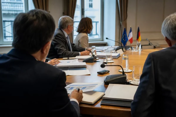Réunion européenne sobre avec dossiers, micros et silhouettes de dos dans une salle lumineuse de négociation.