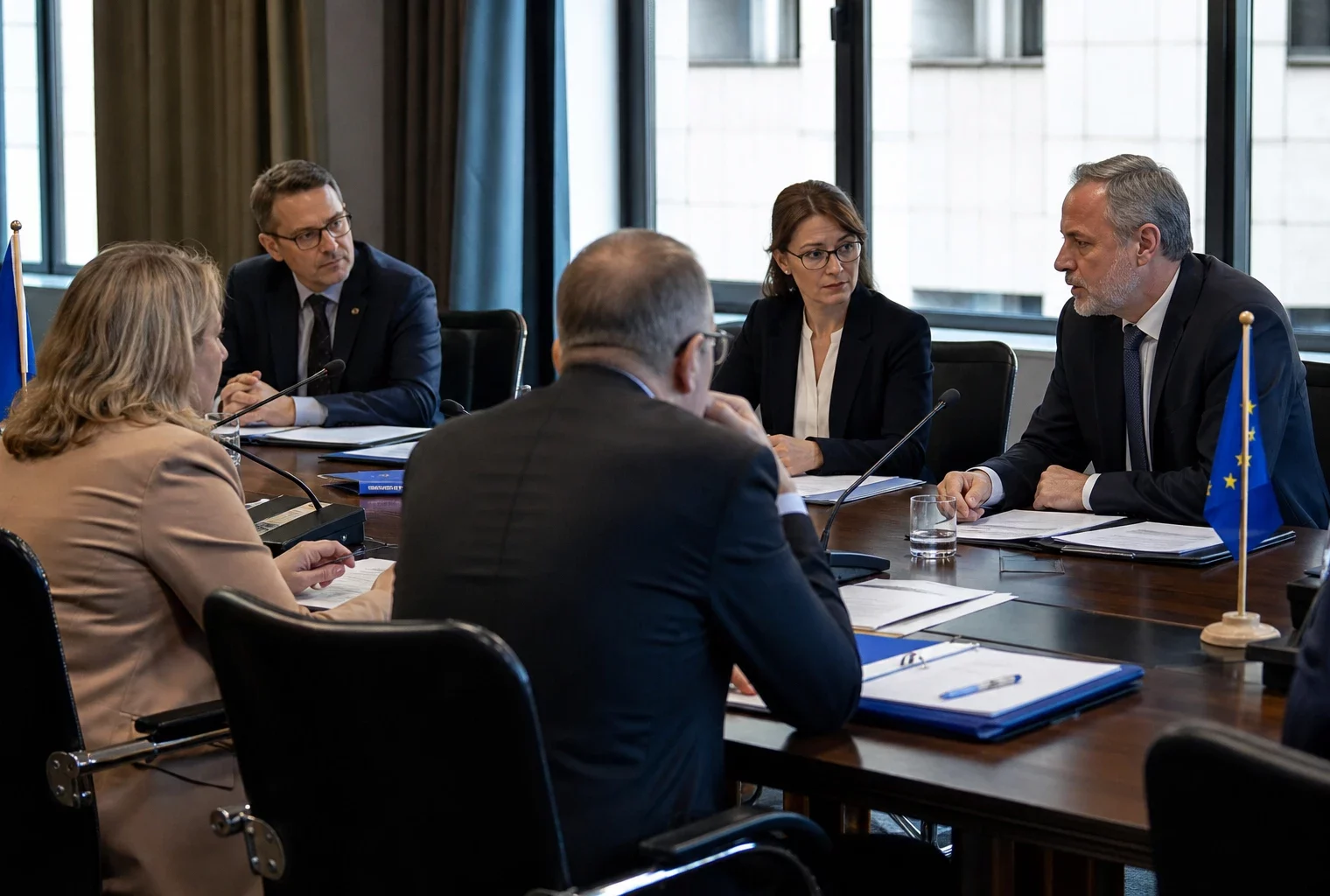 Réunion européenne sobre avec diplomates anonymes, dossiers ouverts et drapeaux de table discrets dans une salle lumineuse.