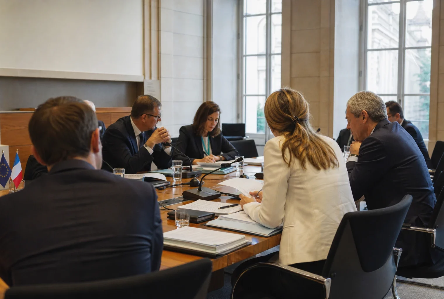 Réunion européenne sobre dans une salle institutionnelle, avec dossiers, micros et silhouettes anonymes autour d’une table.