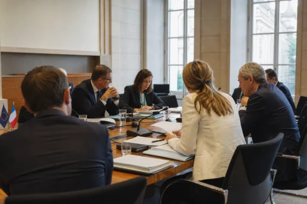 Réunion européenne sobre dans une salle institutionnelle, avec dossiers, micros et silhouettes anonymes autour d’une table.