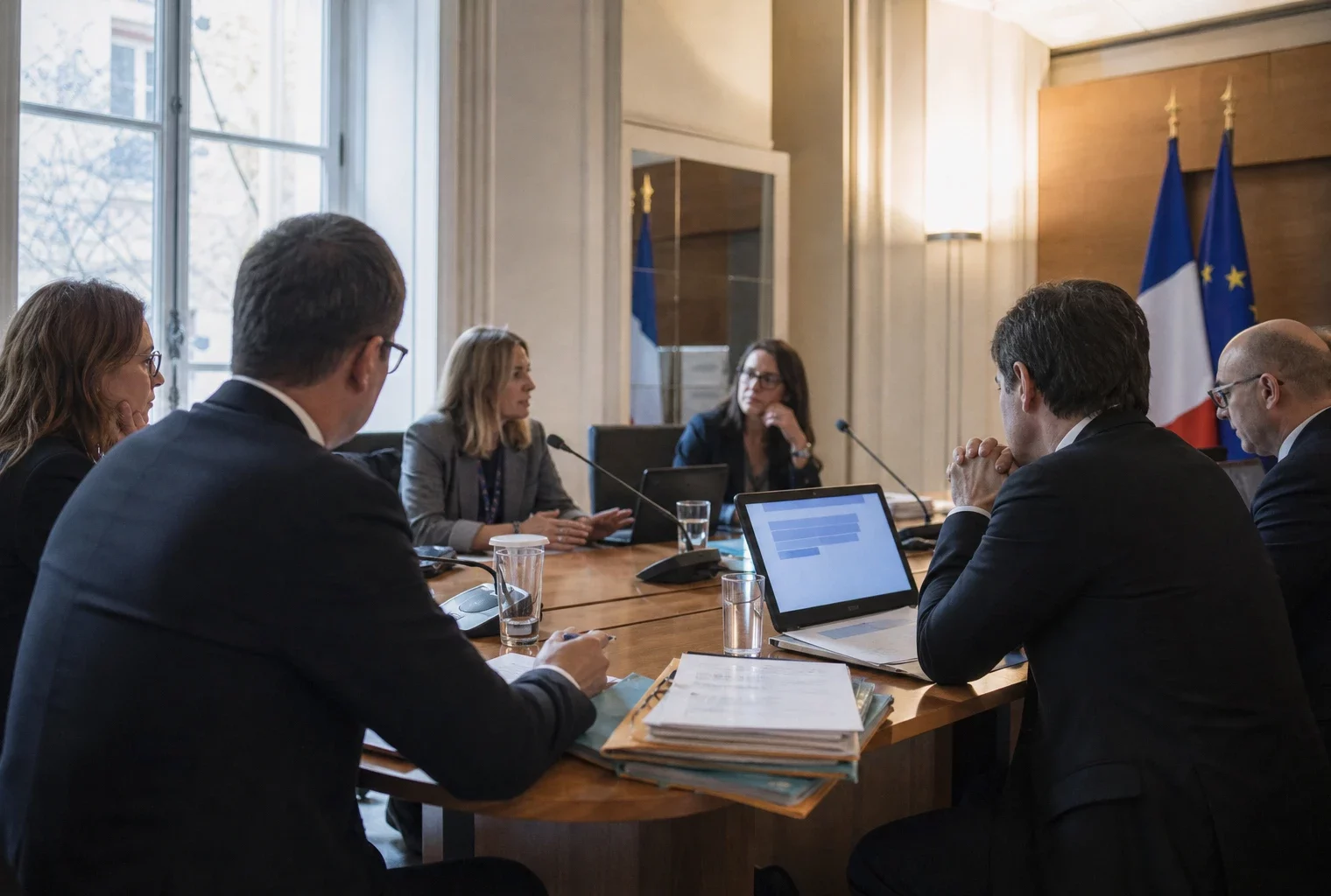 Réunion européenne sobre à Paris avec des diplomates anonymes, dossiers ouverts et petits drapeaux de table discrets.
