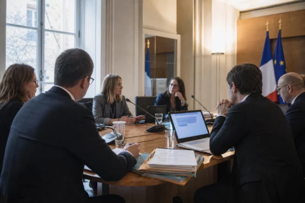 Réunion européenne sobre à Paris avec des diplomates anonymes, dossiers ouverts et petits drapeaux de table discrets.