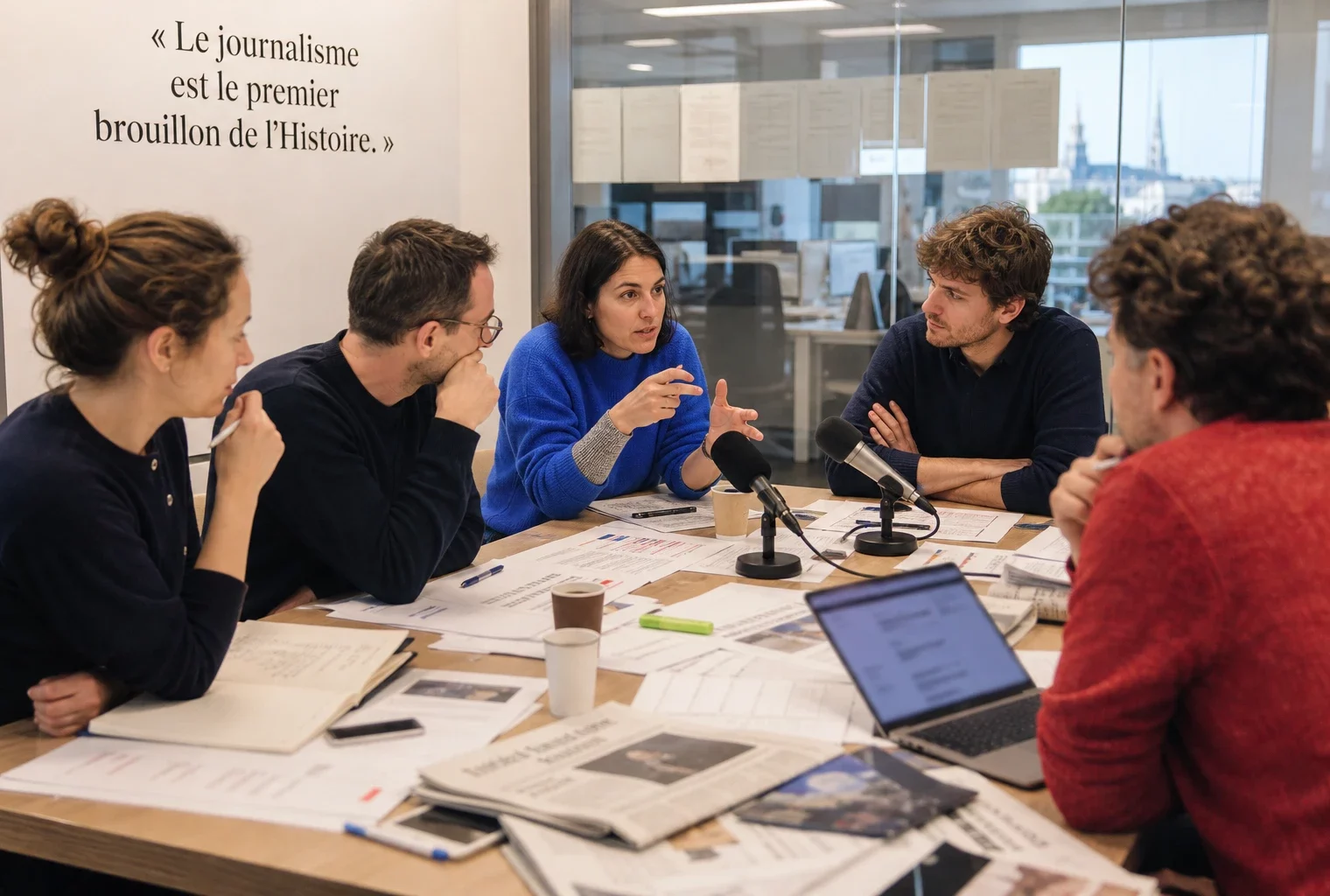 Réunion de journalistes et analystes dans une rédaction française sur le coût climatique de la Coupe du monde 2026