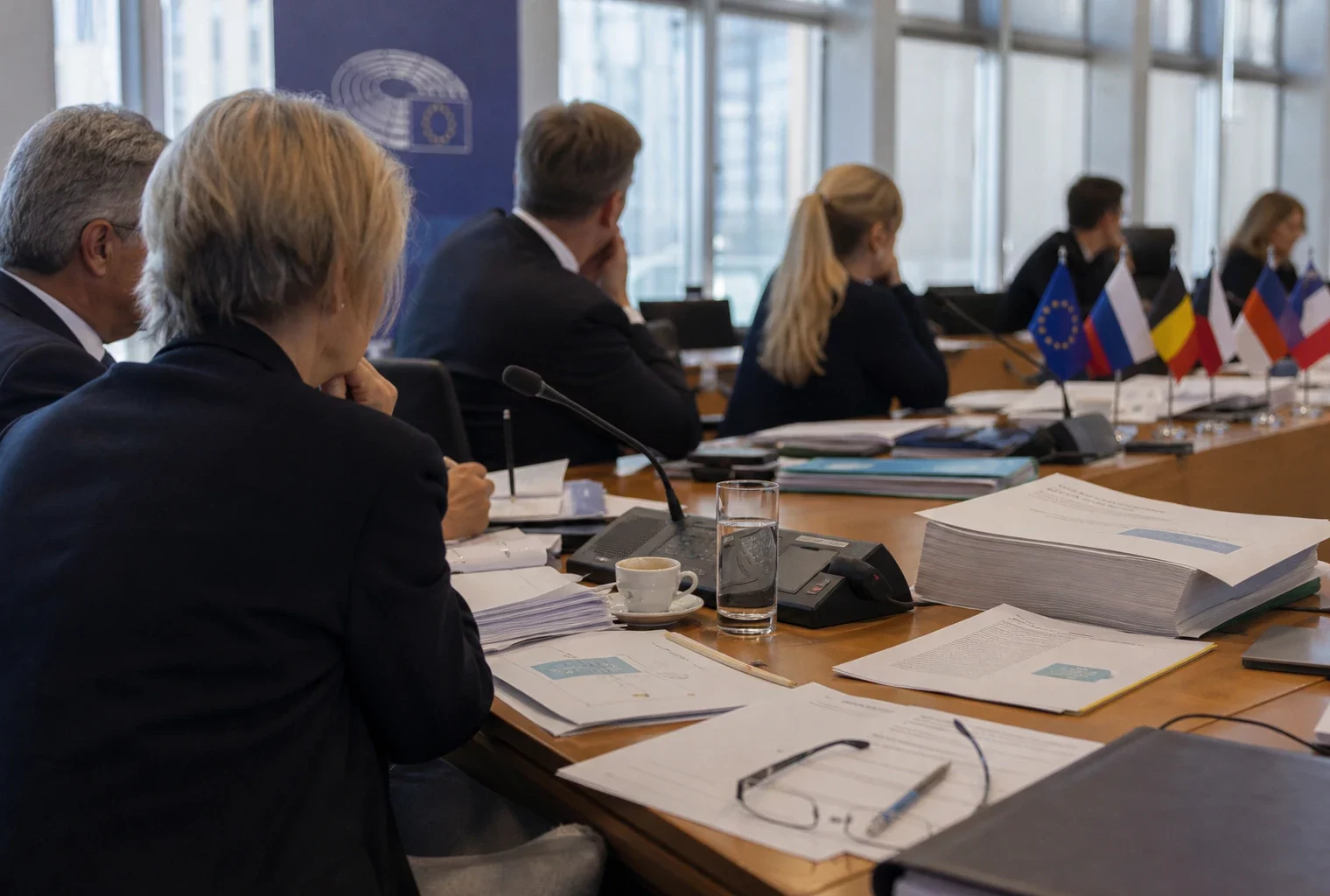 Réunion sobre au Parlement européen avec cinq silhouettes de dos, dossiers ouverts et micros sur la table.