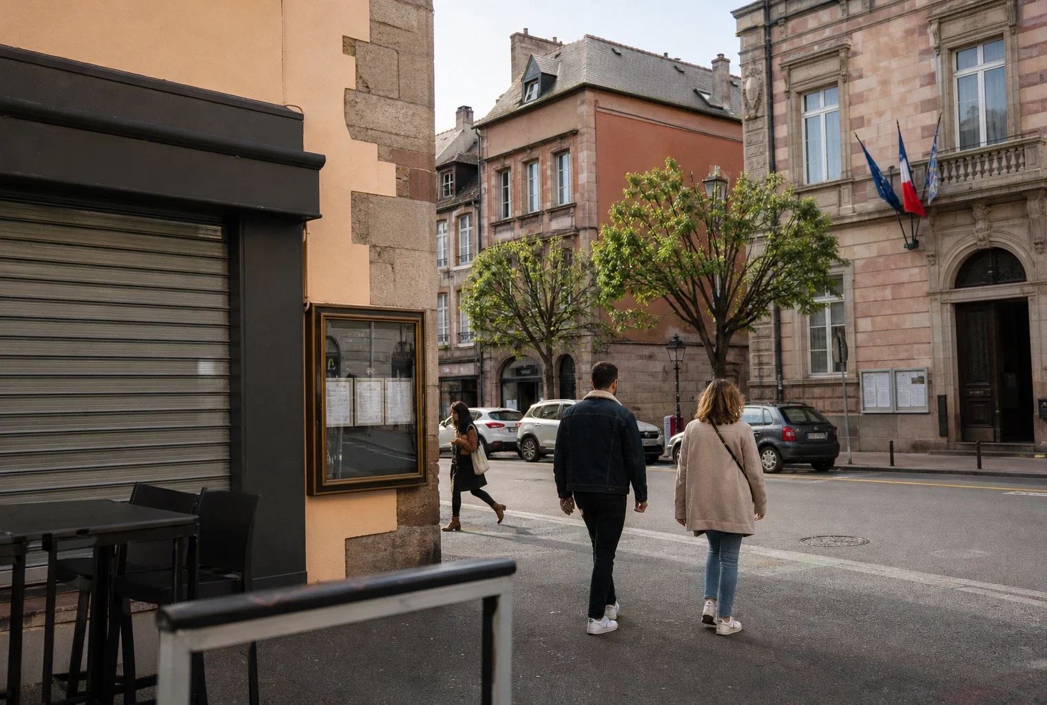 Rue calme du centre de Rodez avec façade municipale et commerce fermé, en ambiance de reportage éditorial.