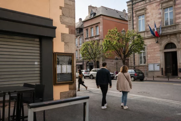 Rue calme du centre de Rodez avec façade municipale et commerce fermé, en ambiance de reportage éditorial.