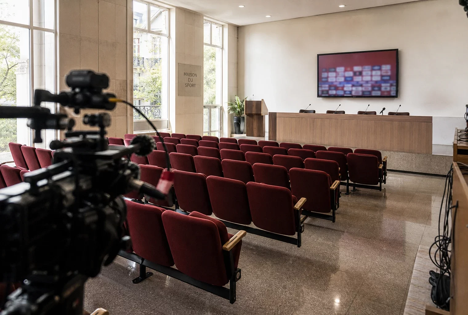 Salle de briefing vide dans un bâtiment sportif français, avec rangées de sièges rouges et podium sous une lumière naturelle claire.