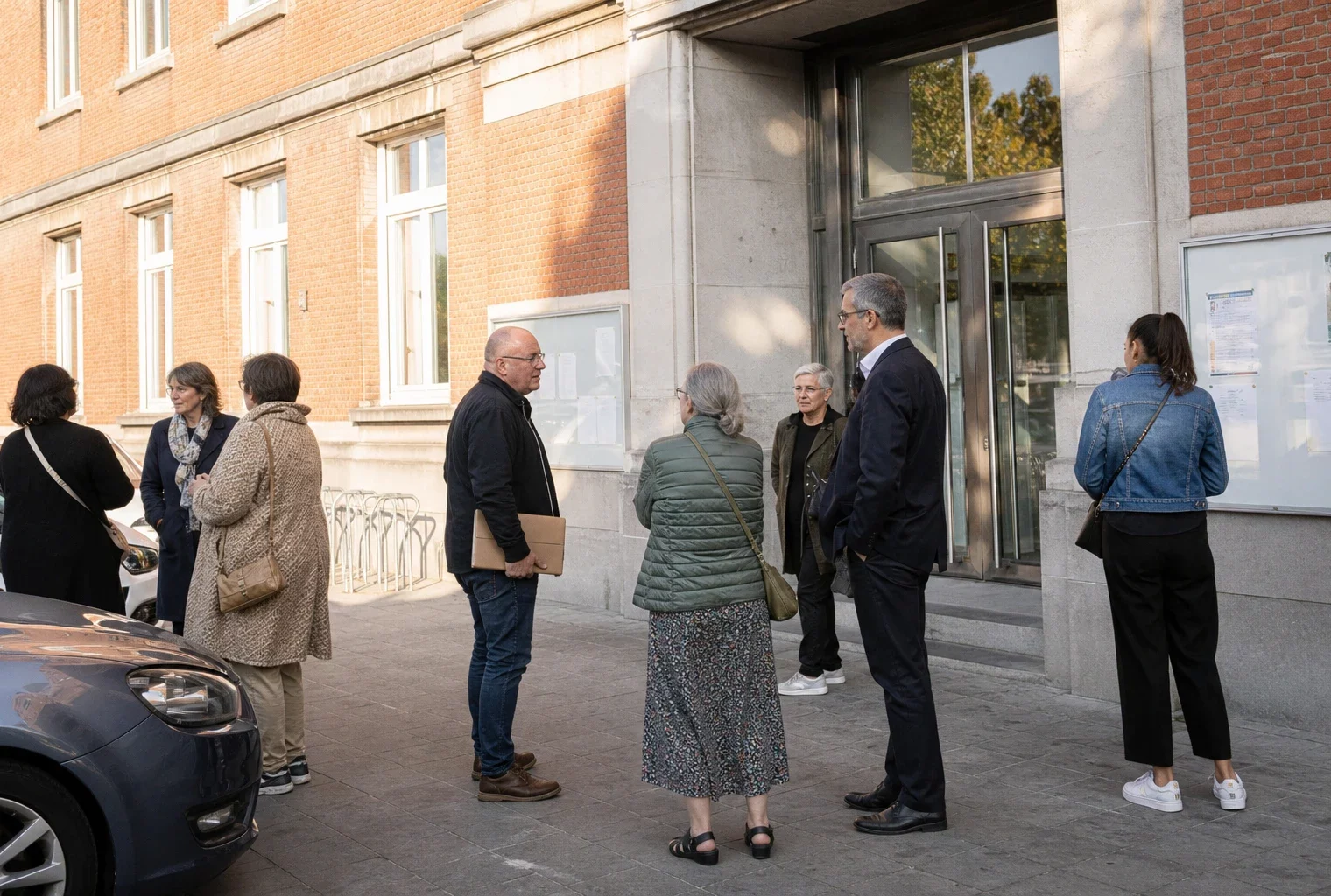 Des habitants et agents municipaux devant la mairie de Roubaix après un conseil sur le nom d’une future école.