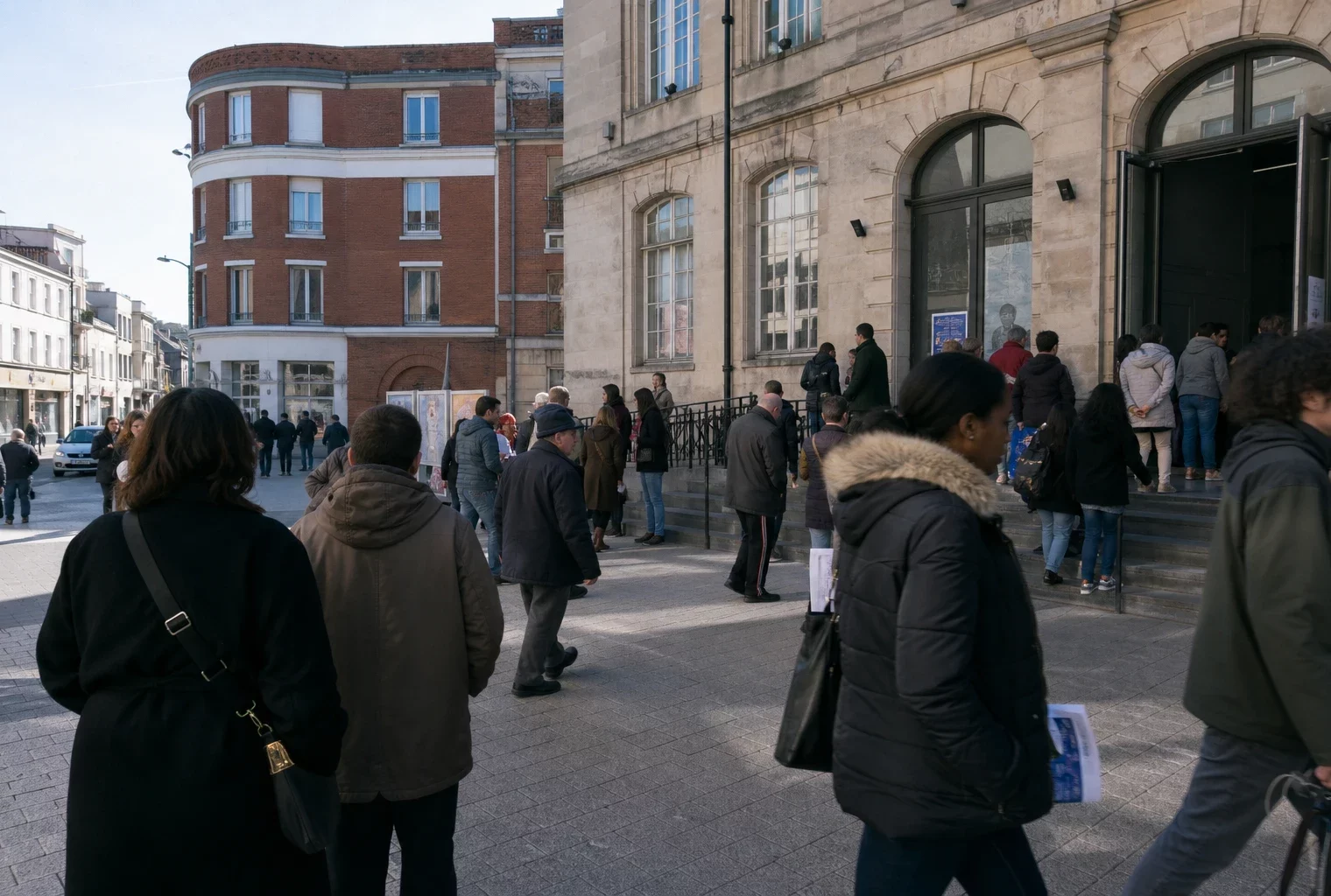 Des habitants arrivent près d’un bâtiment municipal à Saint-Denis, jour de lancement de campagne, scène de rue politique réaliste.