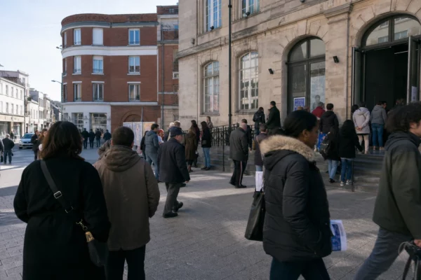 Des habitants arrivent près d’un bâtiment municipal à Saint-Denis, jour de lancement de campagne, scène de rue politique réaliste.