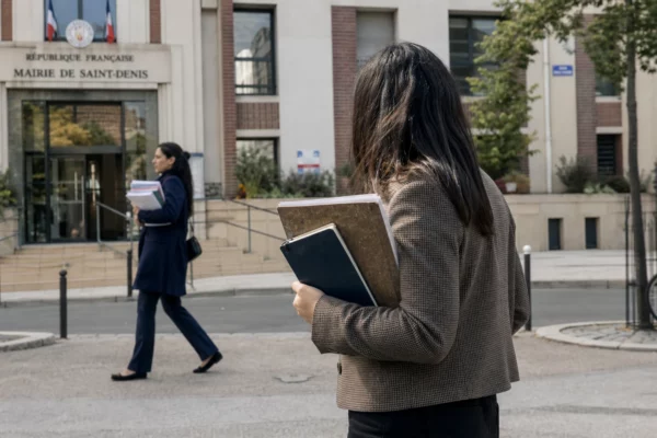 Élu local de dos avec carnet devant la mairie de Saint-Denis, dans une rue calme et lumineuse.
