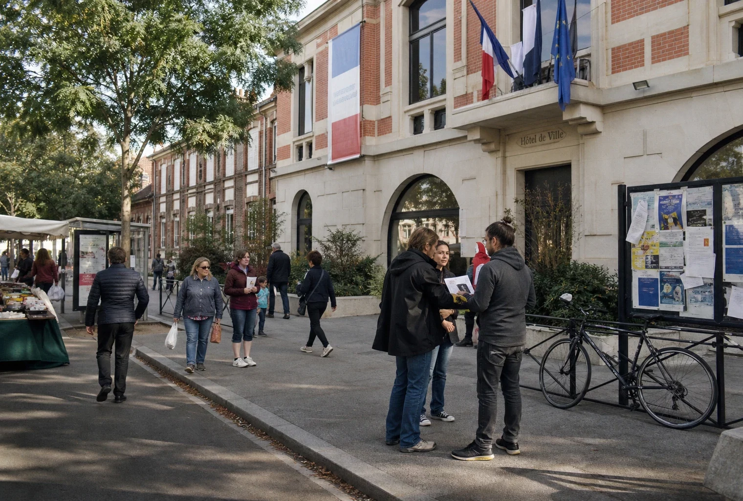 Rue de Saint-Denis avec passants, façade municipale et ambiance de campagne locale en photo de presse.