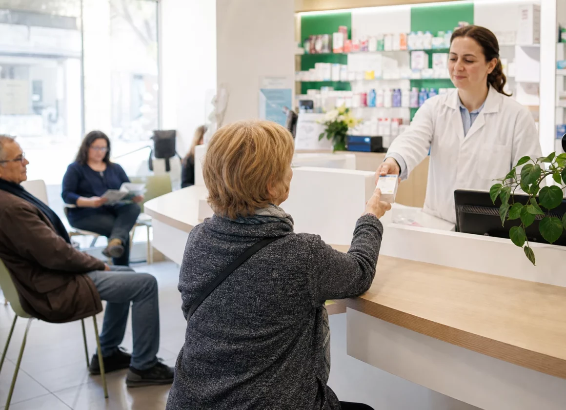 Salle d’attente lumineuse d’une pharmacie générique, avec un pharmacien et des patients anonymes.