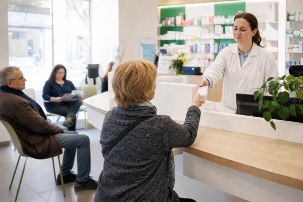 Salle d’attente lumineuse d’une pharmacie générique, avec un pharmacien et des patients anonymes.