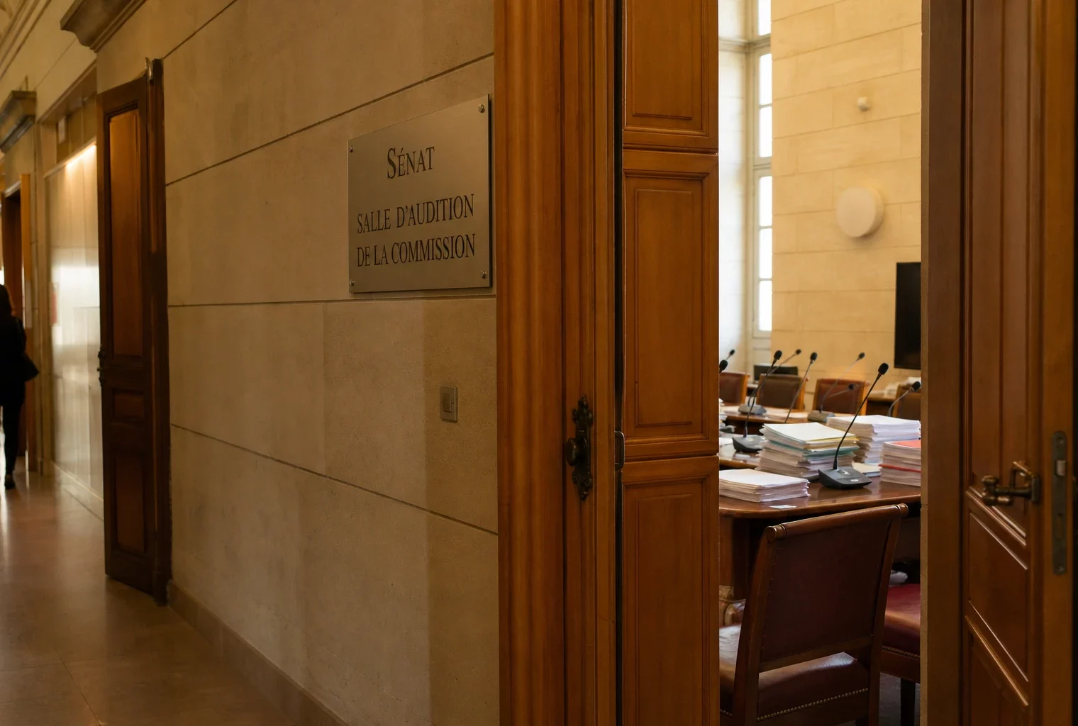 Couloir clair menant à une salle d’audition institutionnelle au Sénat, avec dossiers et micros sur la table.