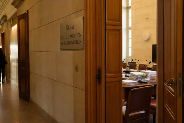 Couloir clair menant à une salle d’audition institutionnelle au Sénat, avec dossiers et micros sur la table.