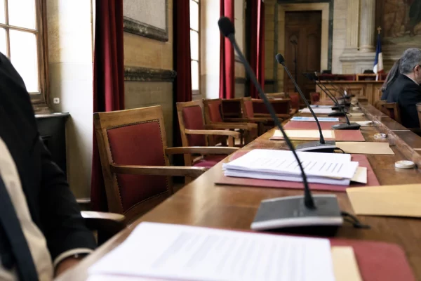 Salle municipale française avec micros, dossiers et chaise vide lors d’un débat institutionnel sur le don d’organes