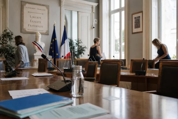 Salle municipale lumineuse avec chaise vide, micros et dossiers flous, ambiance institutionnelle française calme.