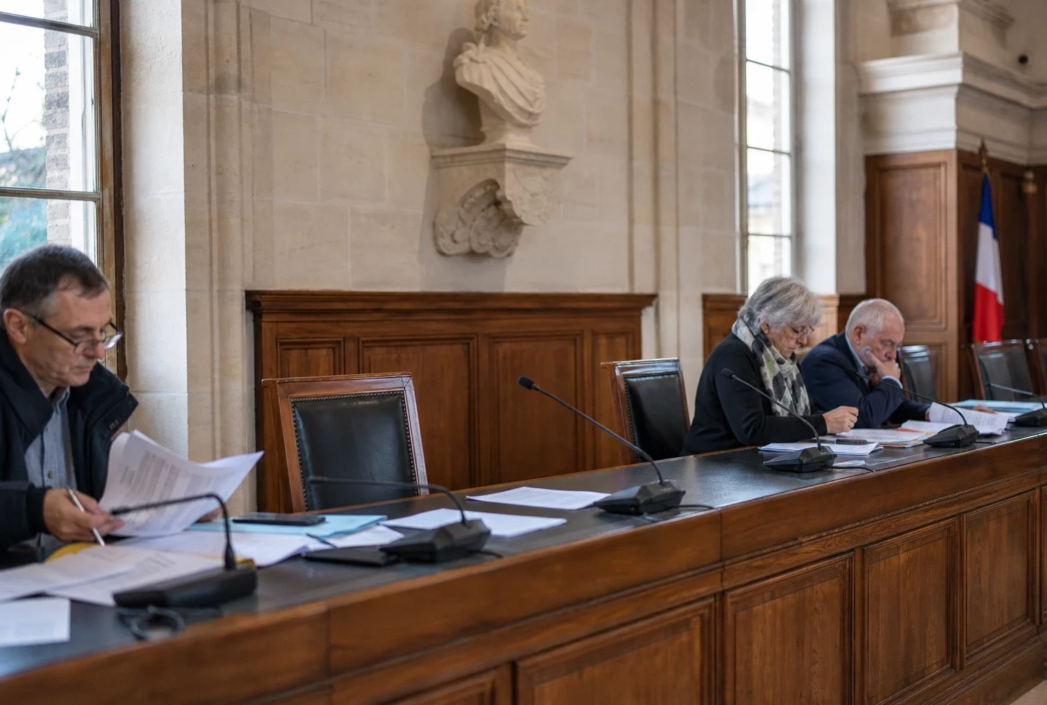 Salle de conseil municipal en lumière naturelle avec chaise vide, micros et dossiers flous sur une longue table.