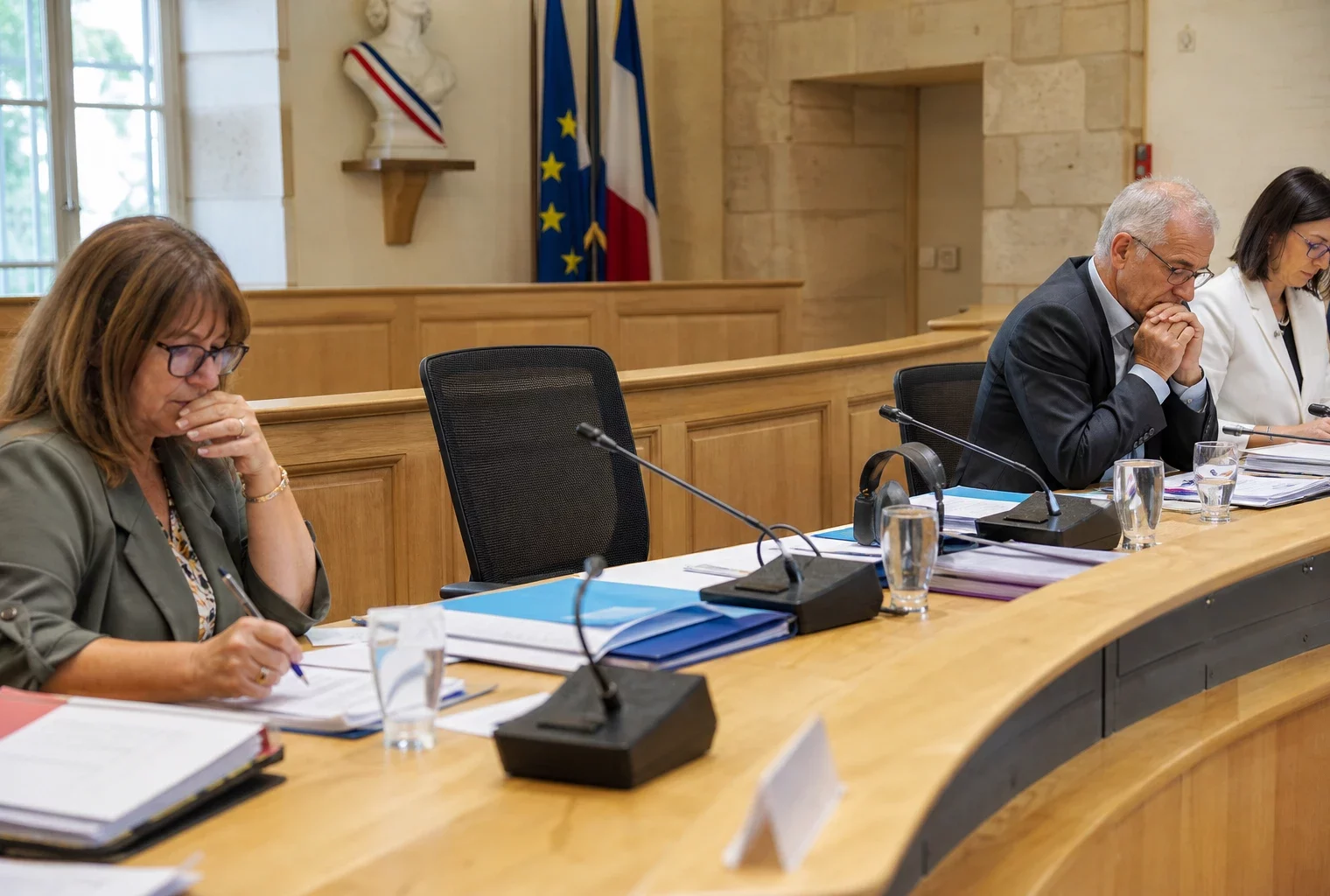 Salle de conseil municipal lumineuse avec chaise vide, micros et dossiers flous, dans une mairie française.