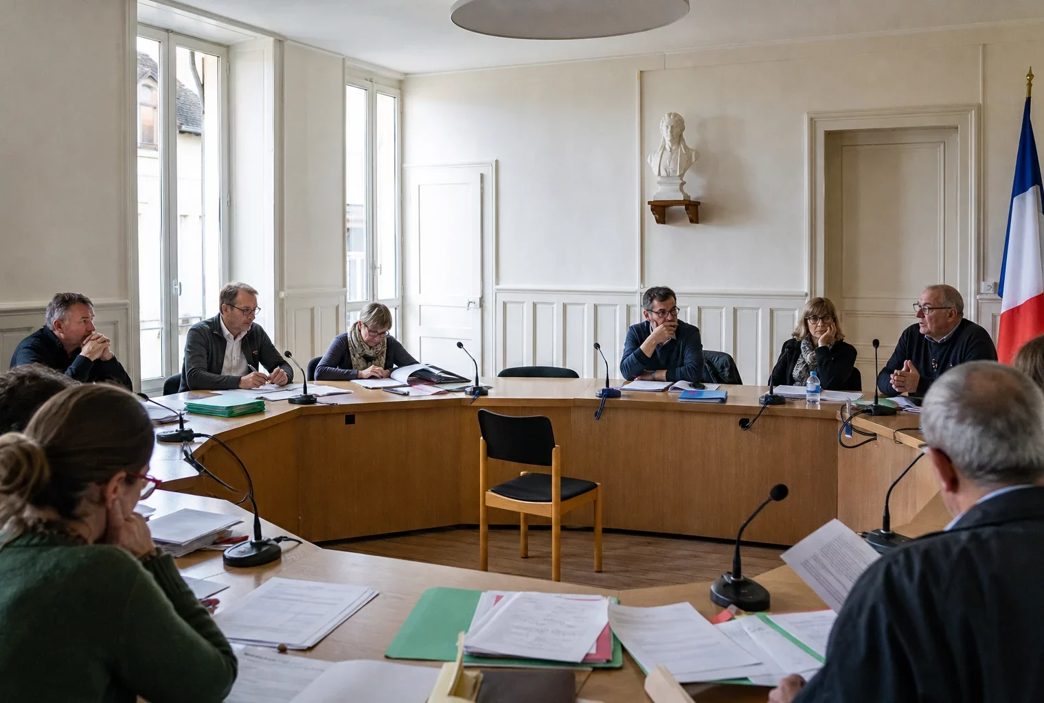 Salle municipale lumineuse avec chaise vide, micros et dossiers flous, en ambiance institutionnelle discrète.