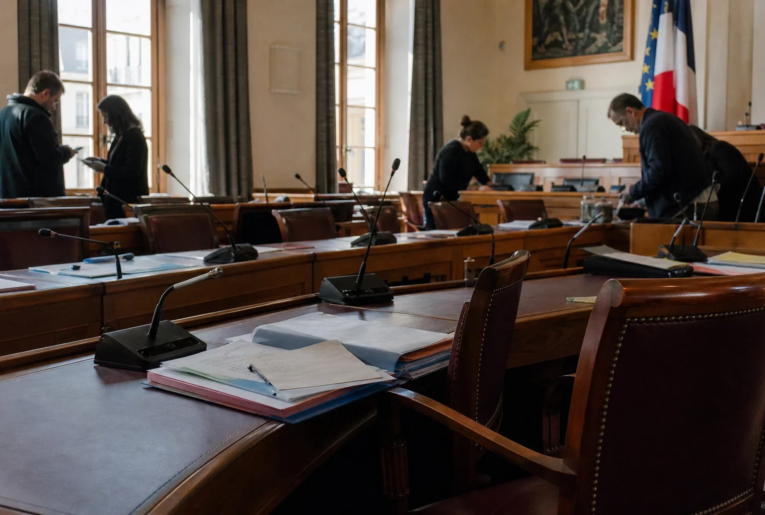 Salle municipale parisienne avec micros, chaises vides et dossiers après une soirée de tension à Nuit Blanche