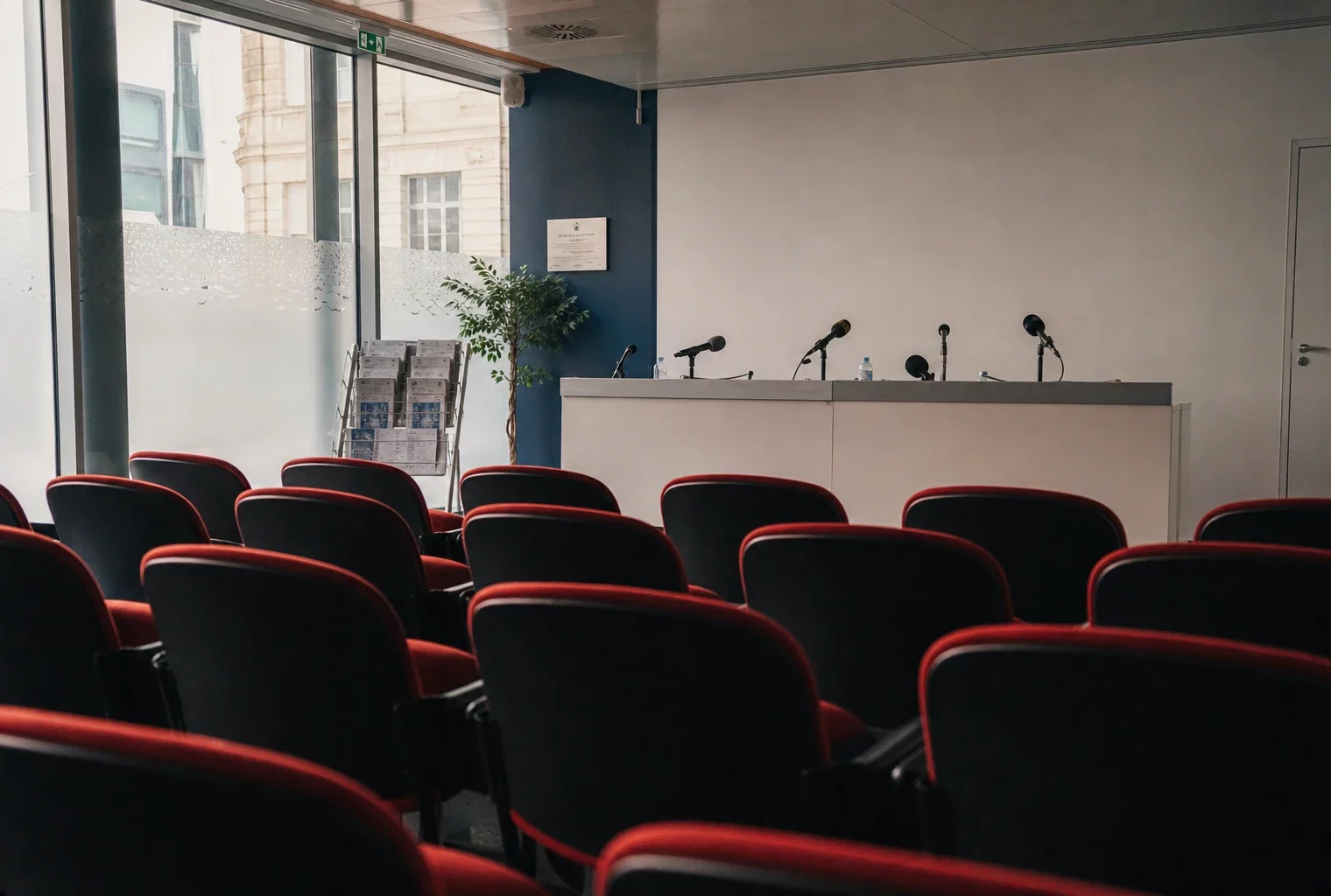Salle de presse institutionnelle vide à Paris, avec pupitre, micros et rangées de chaises avant un grand tournoi.