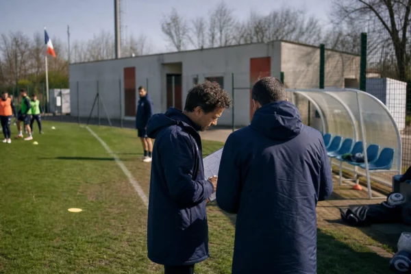 Deux entraîneurs observent un entraînement sur un terrain municipal de football en banlieue française, en lumière du jour.