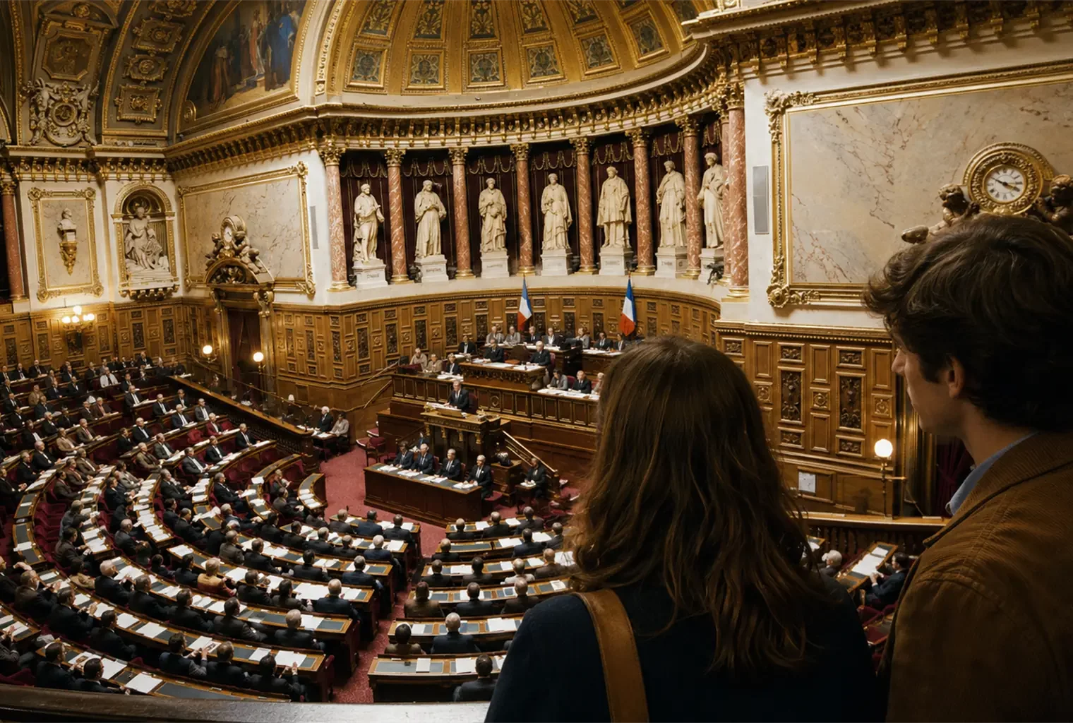 Vue de l’hémicycle du Sénat en 1974, avec de jeunes Français observant le débat sur l’abaissement de la majorité civile et électorale à 18 ans.