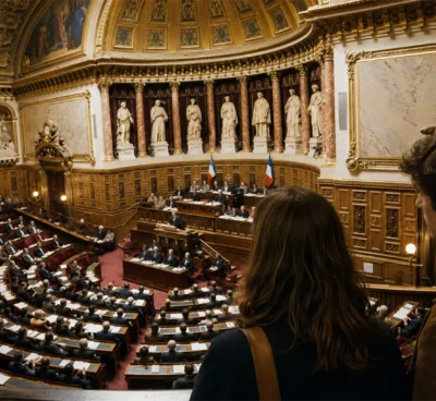 Vue de l’hémicycle du Sénat en 1974, avec de jeunes Français observant le débat sur l’abaissement de la majorité civile et électorale à 18 ans.