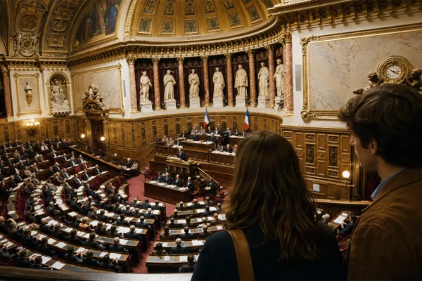 Vue de l’hémicycle du Sénat en 1974, avec de jeunes Français observant le débat sur l’abaissement de la majorité civile et électorale à 18 ans.