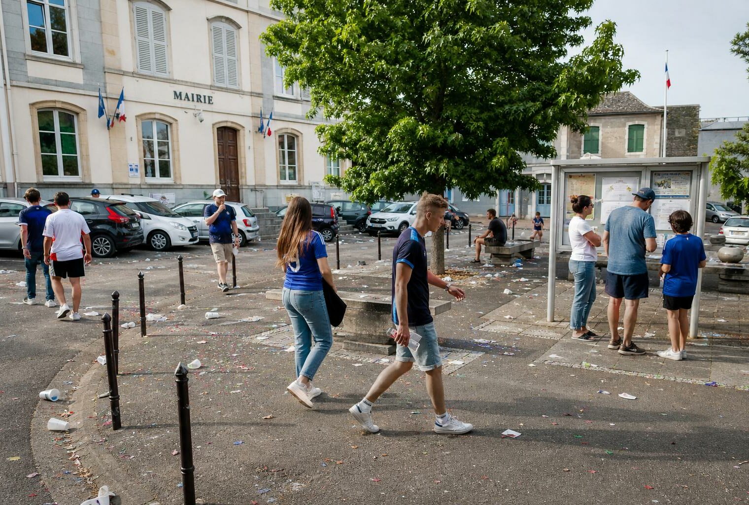 Place de ville française au lendemain d’une soirée de football, avec habitants anonymes et traces de fête au sol.