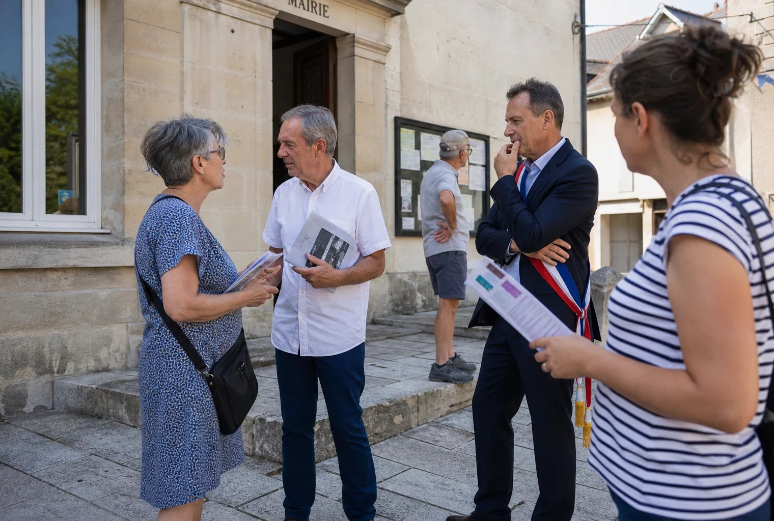 Scène de mairie française avec élus locaux et habitants anonymes, illustrant l’impact concret d’un sommet franco-italien.
